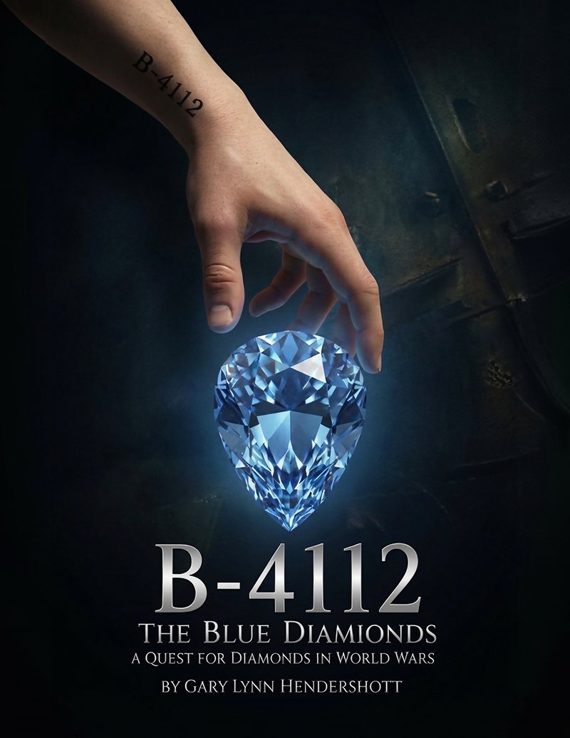 Cover of B-4112: The Blue Diamonds — a tattooed hand releasing a glowing pear-shaped blue diamond against a dark vault.