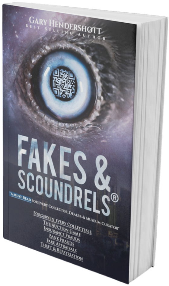 Cover of Fakes & Scoundrels by Gary Hendershott — a 3D book render with an eye motif.